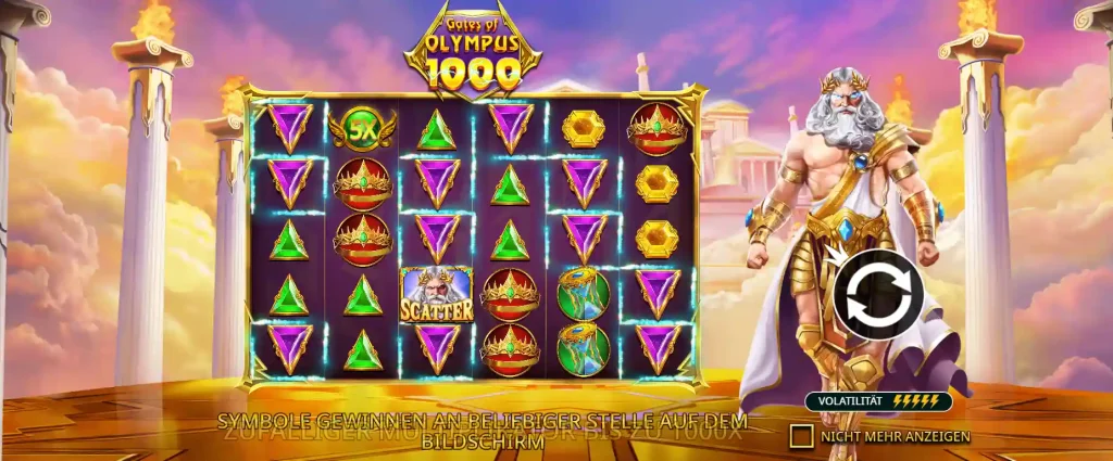 StarsPlay Casino Gates of Olympus 1000 Slot im Demo Modus mit Zeus und Spielsymbolen