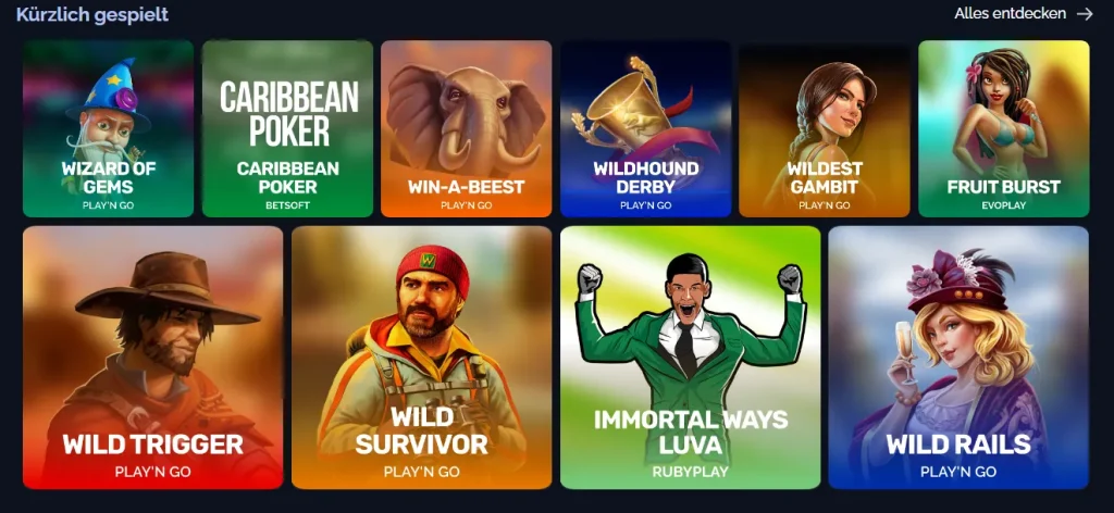 StarsPlay Casino kürzlich gespielt Spiele Auswahl mit Slots wie Caribbean Poker, Wild Survivor und Fruit Burst