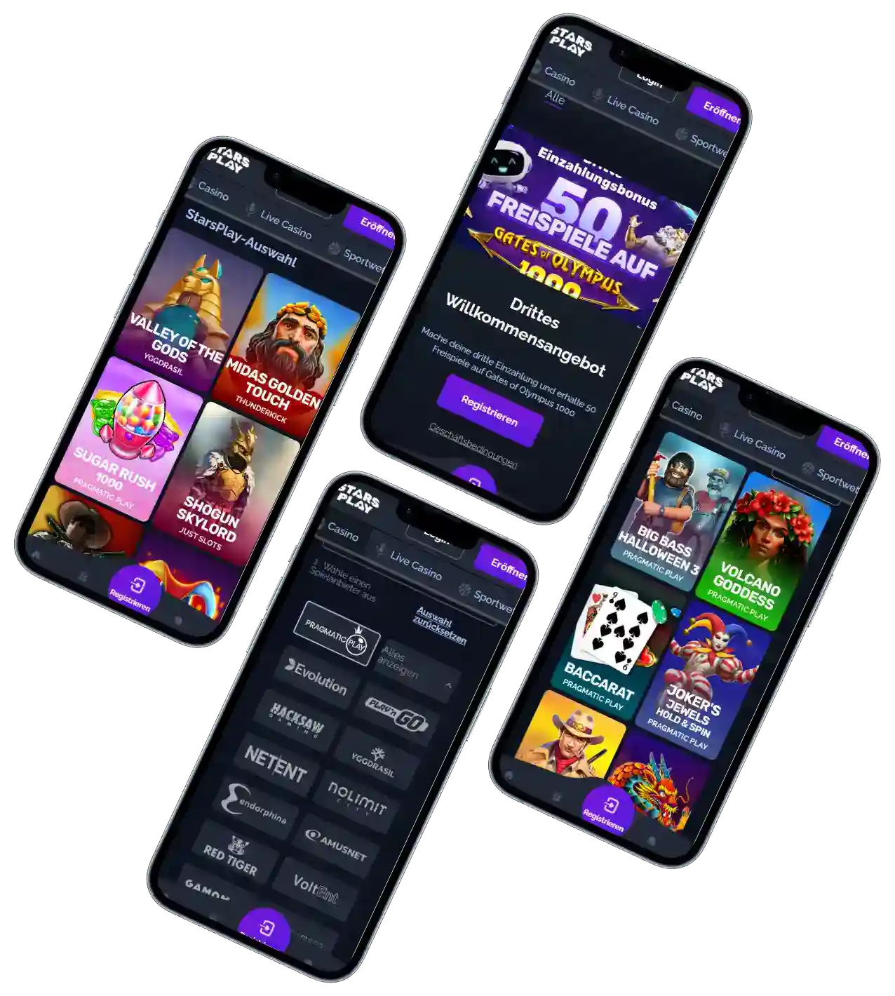 StarsPlay Casino mobile Ansicht mit Spielauswahl, Bonusangeboten und verschiedenen Slots auf mehreren Smartphones