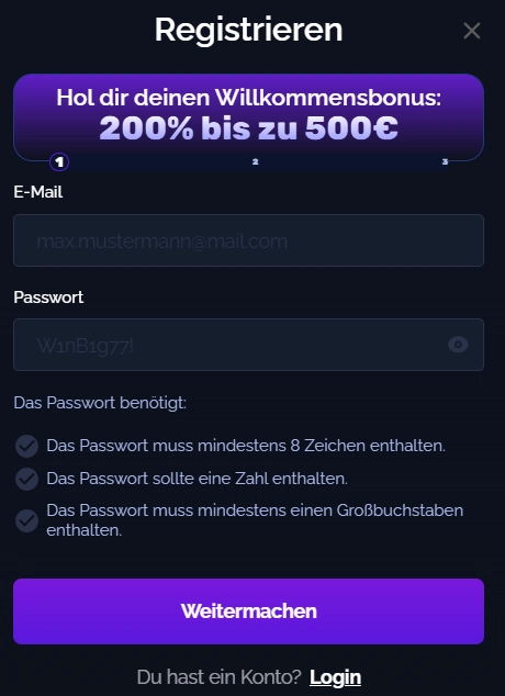 StarsPlay Casino Registrierung mit 200 Prozent Bonus bis 500 Euro und Formular für E Mail und Passwort