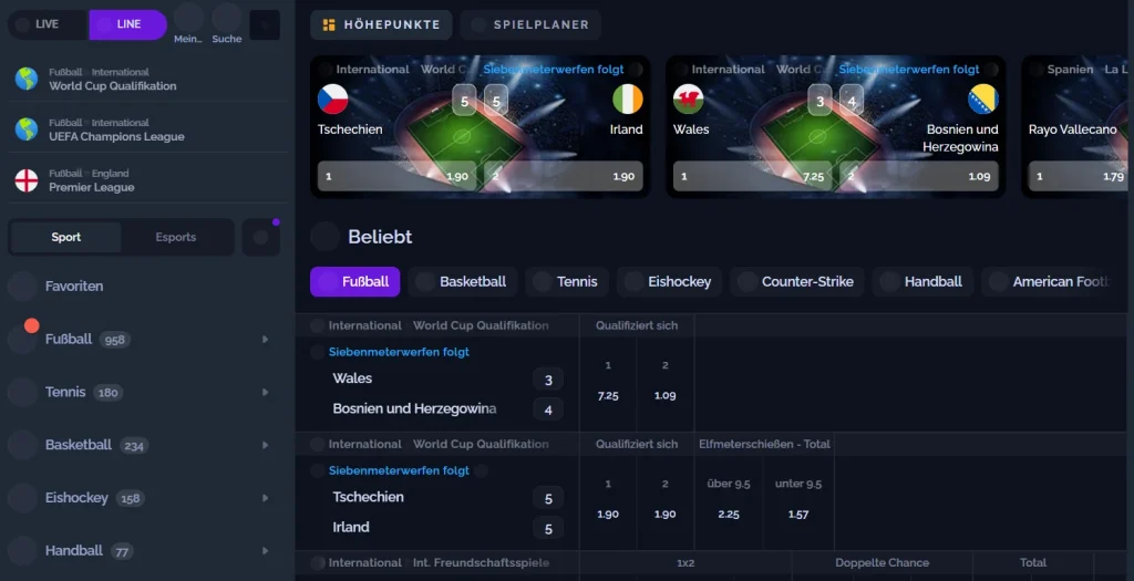 StarsPlay Casino Sportwetten Bereich mit Fußball Spielen Quoten und Wettoptionen im Interface
